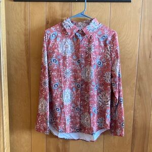 Red and White Casual Button Down Shirt with Floral Design
